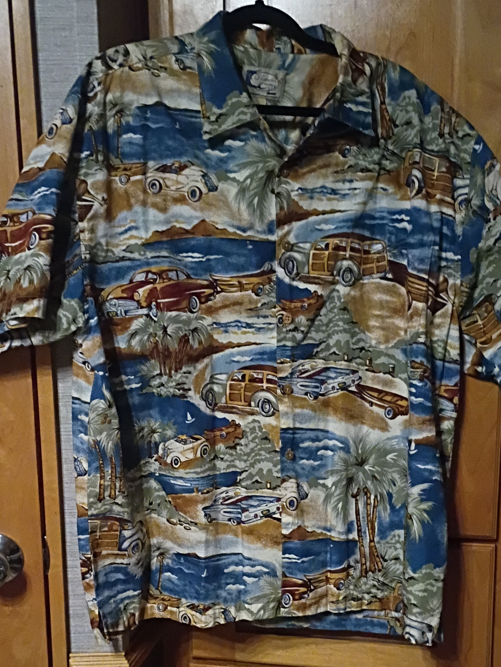 Vintage Surf Woody Print Casual Button-Down Shirt - Blue/Tan